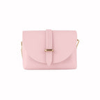 Front view of pink leather mini bag with flap and vertical strap closure
