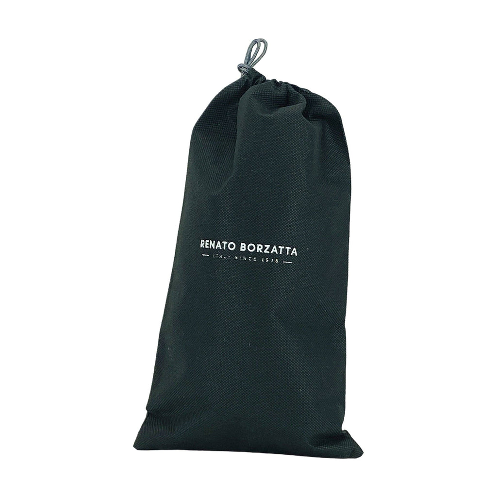 Black drawstring dust bag with white Renato Borzatta logo