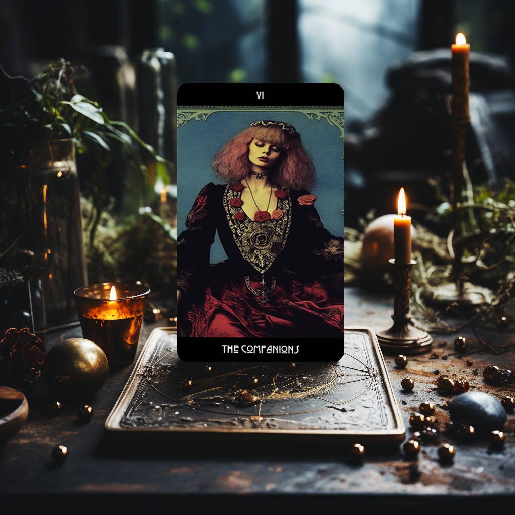 Grunge Goddess Tarot card The Chariot displayed with candles
