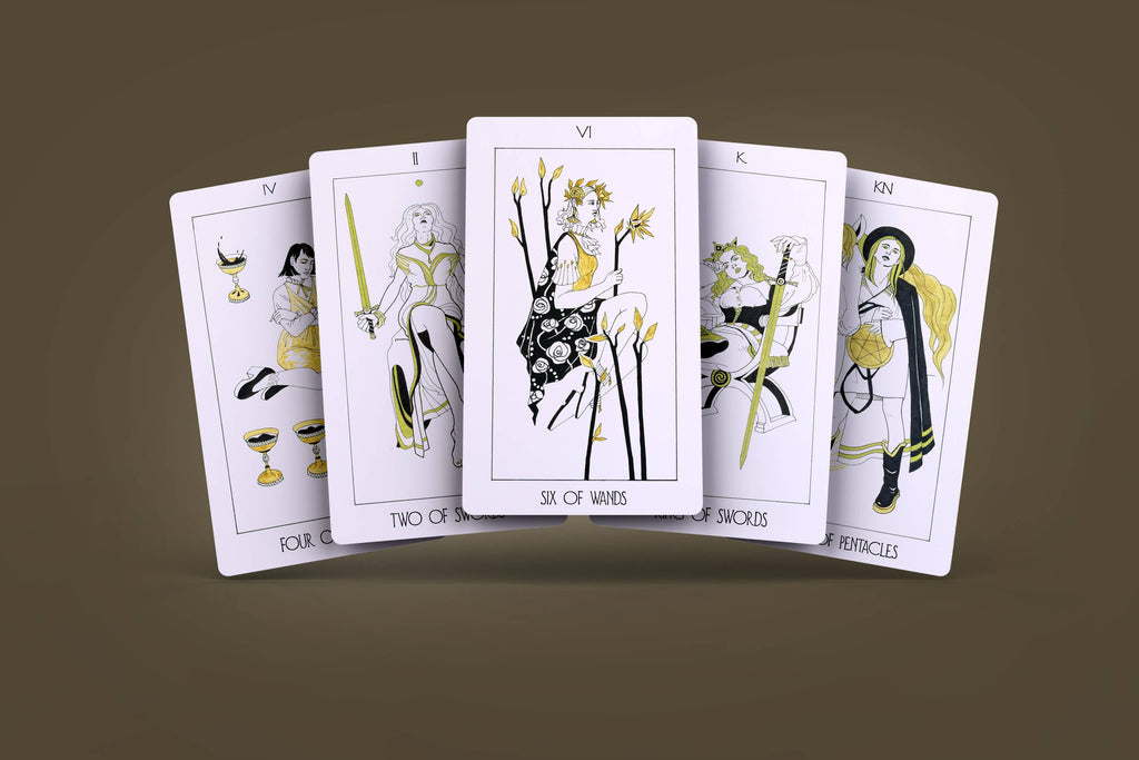 Fan of five Golden Path Tarot cards showing suit symbols