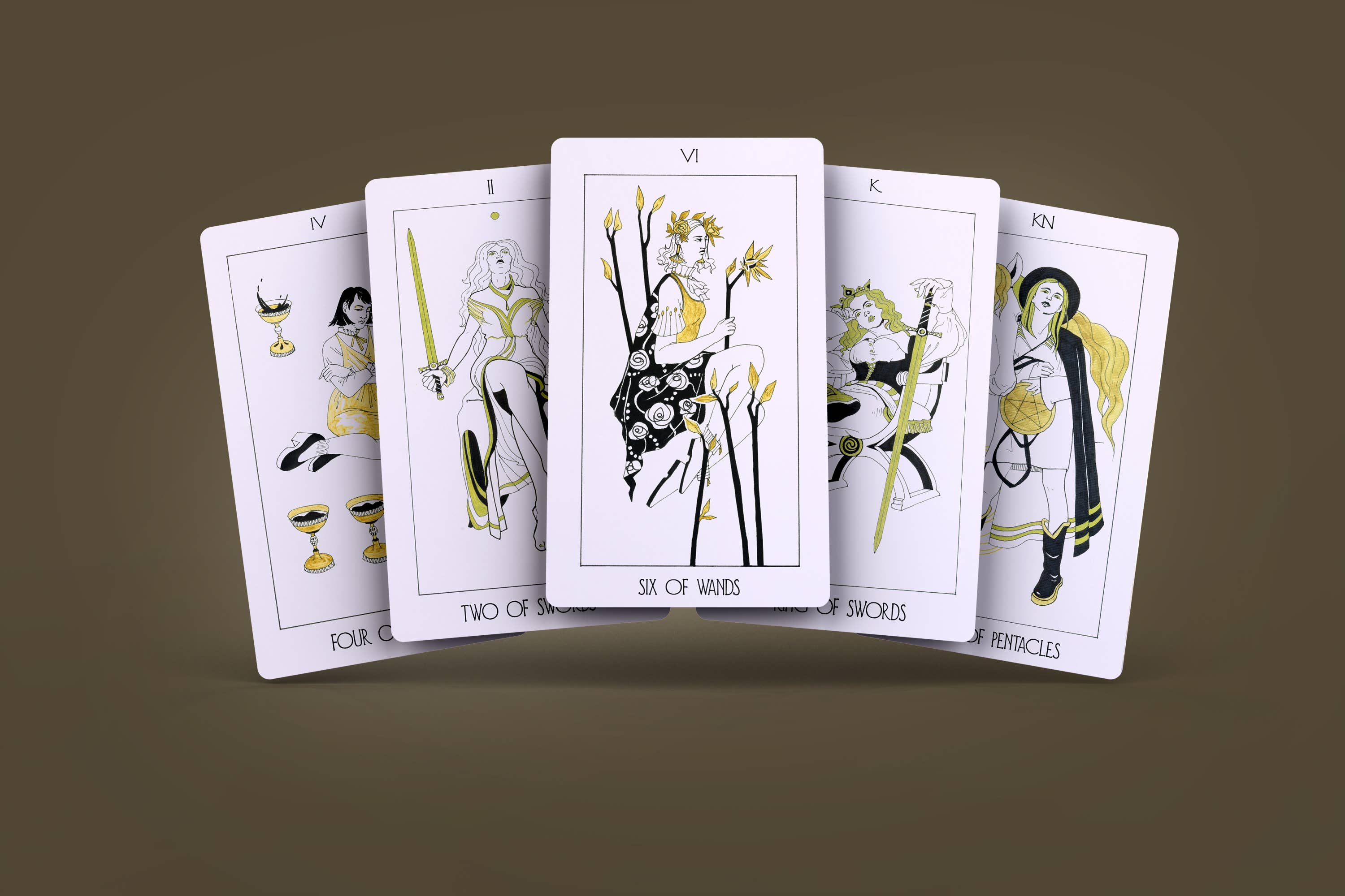 Fan of five Golden Path Tarot cards showing suit symbols
