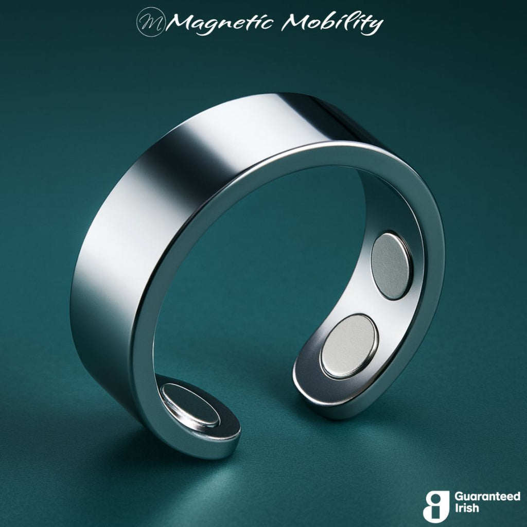 Magnetic Mobility Stainless Steel Magnetic Ring – close-up view – polished silver-tone band on a dark teal background.