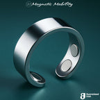 Magnetic Mobility Stainless Steel Magnetic Ring – close-up view – polished silver-tone band on a dark teal background.