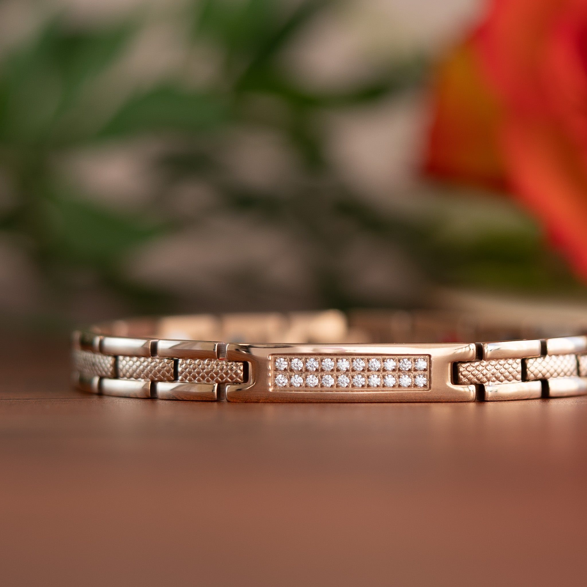 Magnetic Mobility Honesty Dawn 4in1 Magnetic Bracelet – front view – rose gold-tone links with Swarovski crystals.