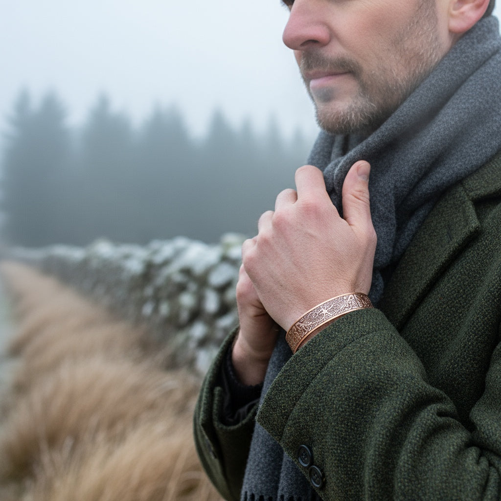 Magnetic Mobility Tree of Life Magnetic Copper Bracelet – lifestyle view – thick copper cuff worn on a wrist.