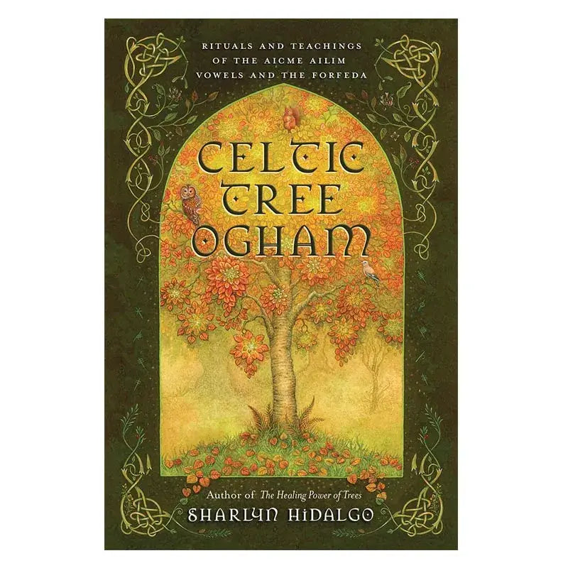 Cover of Celtic Tree Ogham book by Sharlyn Hidalgo featuring an illustrated tree with an owl and squirrel