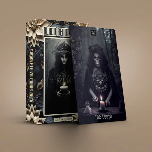 Dark Synevyr Dark Beauty Tarot Deck 80 Cards – detail – black tuck box with gold leaf detailing next to The Death card.