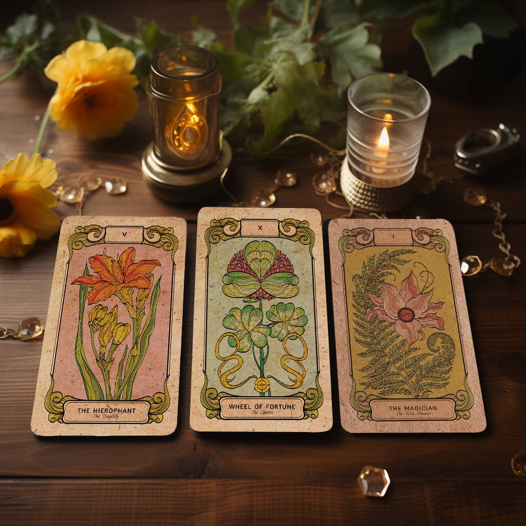 Dark Synevyr Botanica Oculta Tarot Deck 80 Cards - cards with floral designs standing on a wooden tray