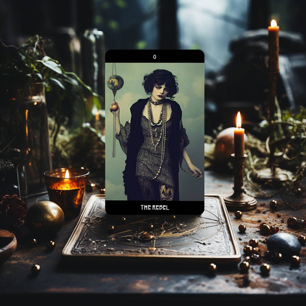 Dark Synevyr Grunge Goddess Tarot Deck 80 Cards- THE REBEL card displayed in a candlelit forest setting