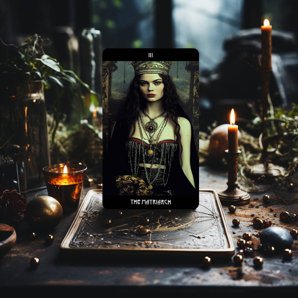 Dark Synevyr Grunge Goddess Tarot Deck 80 Cards - THE MATRIARCH card standing on a deck box