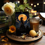 Dark Synevyr Healing with Dreams Tarot Deck 80 Cards – card display – illustrated THE MOON card on table setting