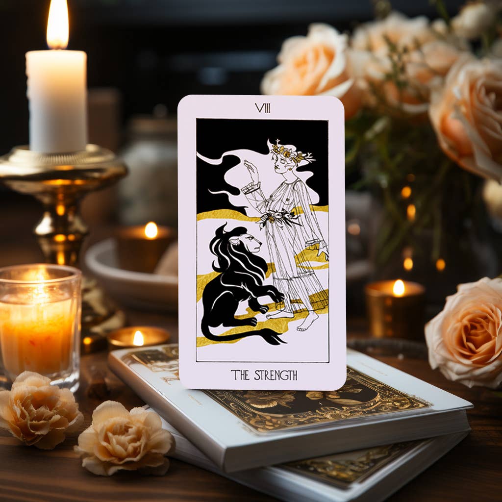Dark Synevyr The Golden Path Tarot Deck 80 Cards - card Strength featuring lion illustration in Art Deco style