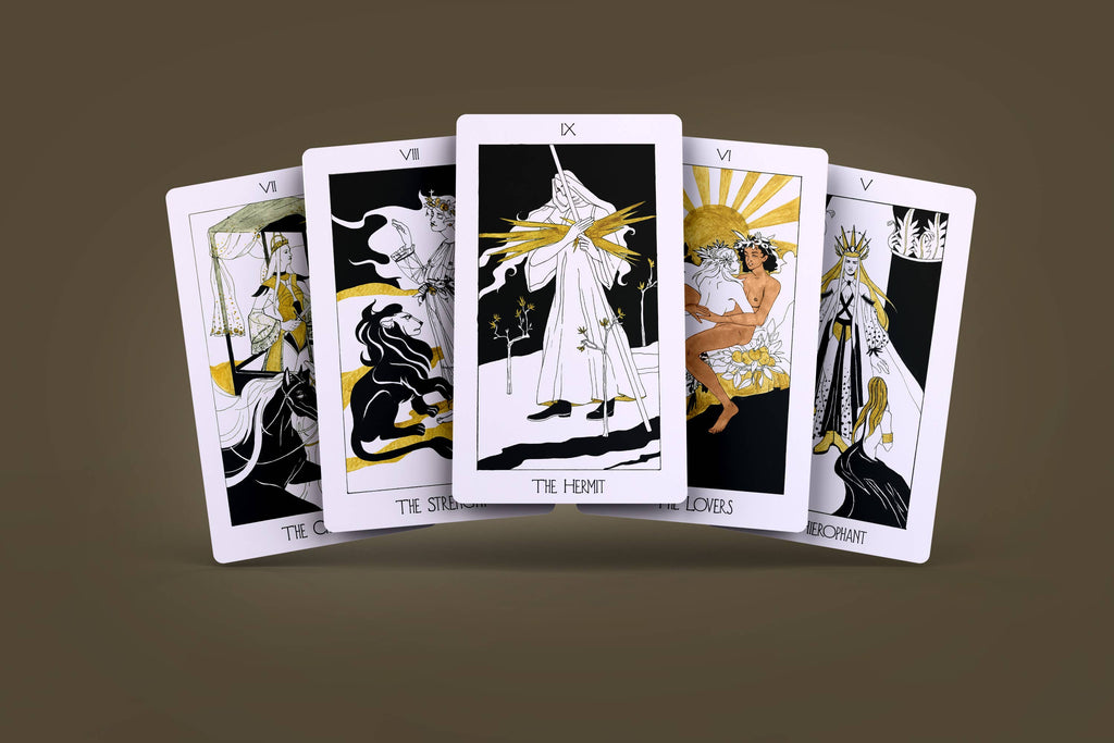 Dark Synevyr The Golden Path Tarot Deck 80 Cards - cards showing black and gold Art Deco illustrations