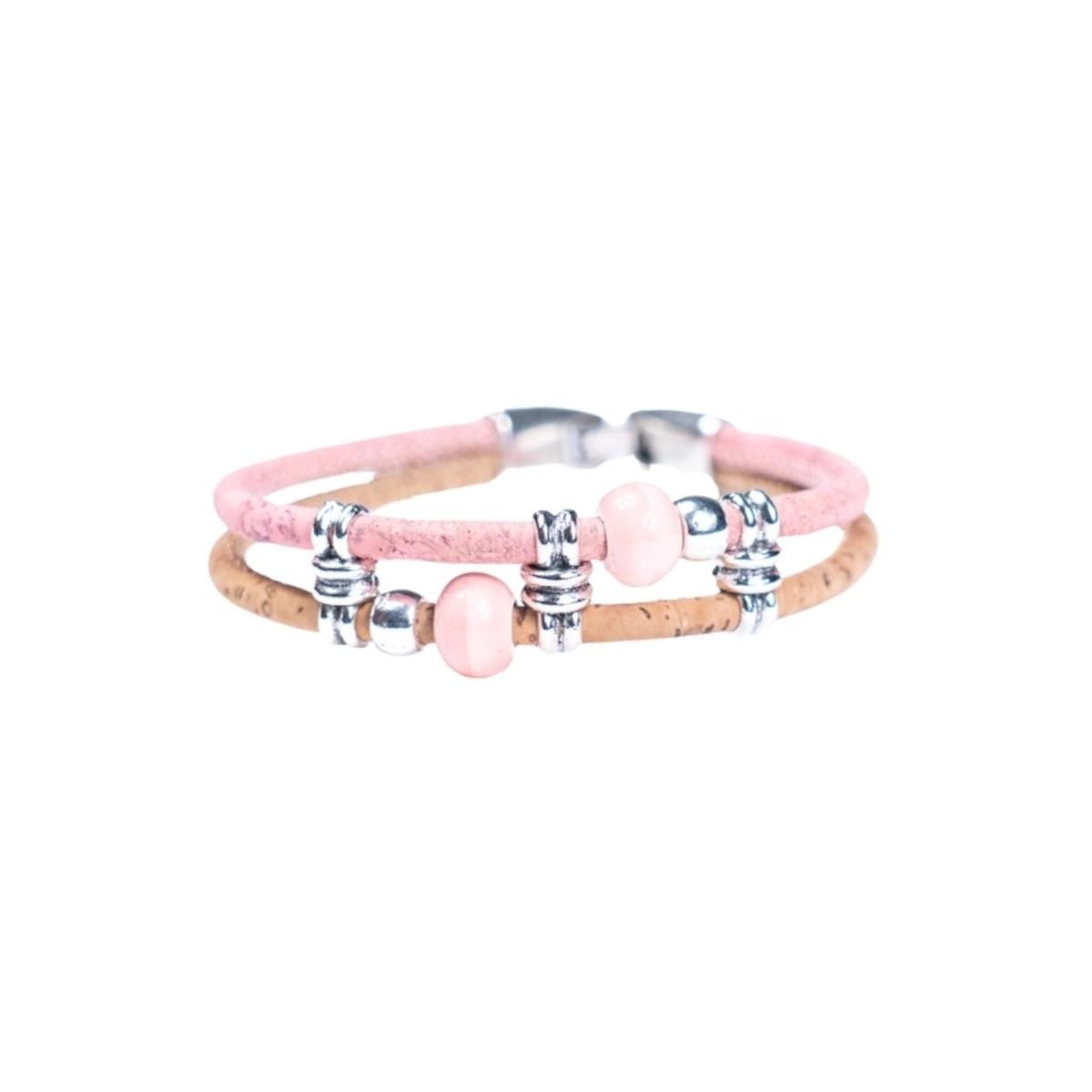Meninas Bonitas Cork Colourful Ceramic Bead Handmade Bracelet 18x1cm – detail – pink cork bracelet featuring two white marbled ceramic beads and silver-tone metal accents.