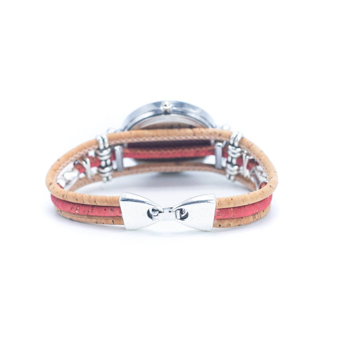 Meninas Bonitas Cork Floral Accent Bracelet Watch 16x3cm – rear view – view of the secure silver-tone clasp on the triple-strand pink and natural cork bracelet.
