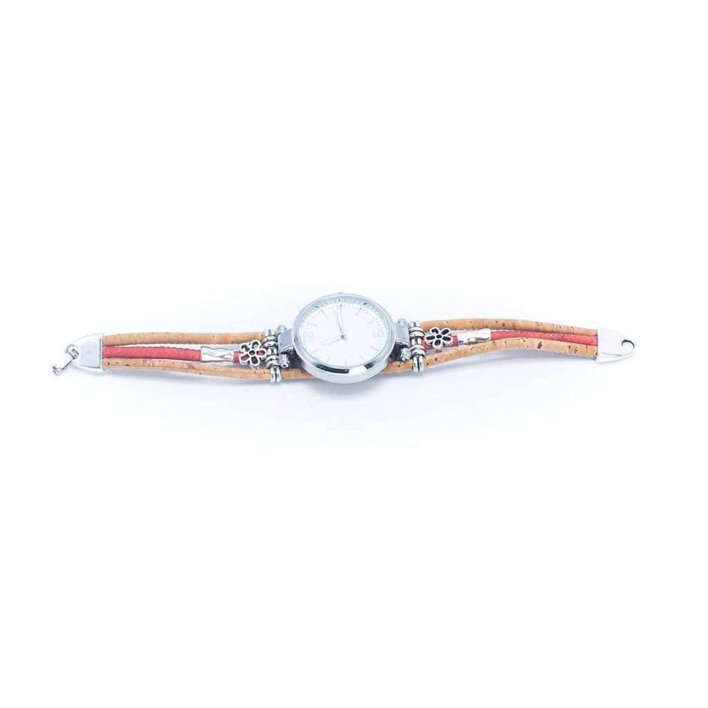 Meninas Bonitas Cork Floral Accent Bracelet Watch 16x3cm – side view – analogue watch with a triple-cord cork strap featuring a pink centre strand and silver-tone floral accents.