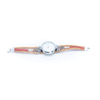 Meninas Bonitas Cork Floral Accent Bracelet Watch 16x3cm – side view – analogue watch with a triple-cord cork strap featuring a pink centre strand and silver-tone floral accents.