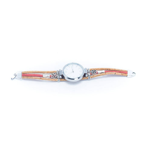 Meninas Bonitas Cork Floral Accent Bracelet Watch 16x3cm – side view – analogue watch with a triple-cord cork strap featuring a pink centre strand and silver-tone floral accents.