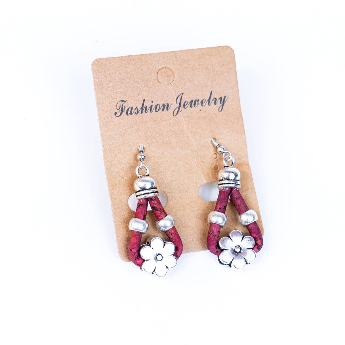 Meninas Bonitas Cork Flower Accessories Handmade Earrings 4x1.5cm – detail – burgundy cork drop earrings with silver-tone flower pendant and decorative beads.