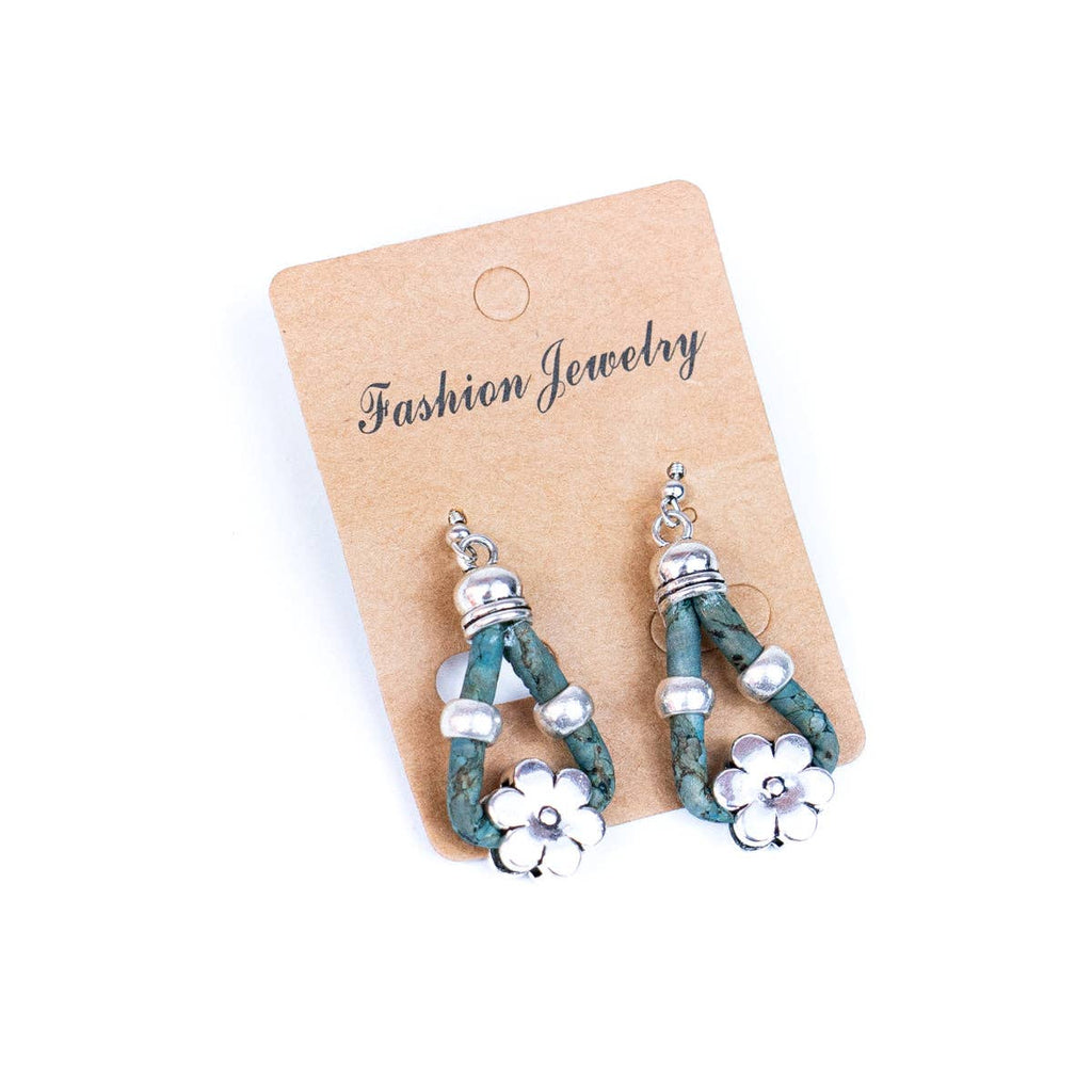 Meninas Bonitas Cork Flower Accessories Handmade Earrings 4x1.5cm – detail – teal cork drop earrings with silver-tone flower pendant and decorative beads.