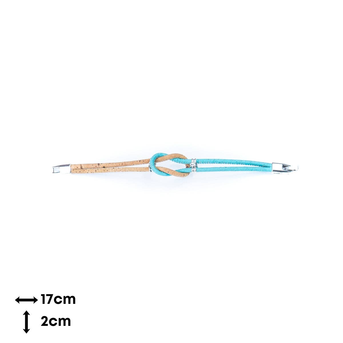 Meninas Bonitas Cork Knot Design Handmade Bracelet 17x2cm - light blue – technical – view of the 17cm length and 2cm width dimensions with a silver-tone clasp.