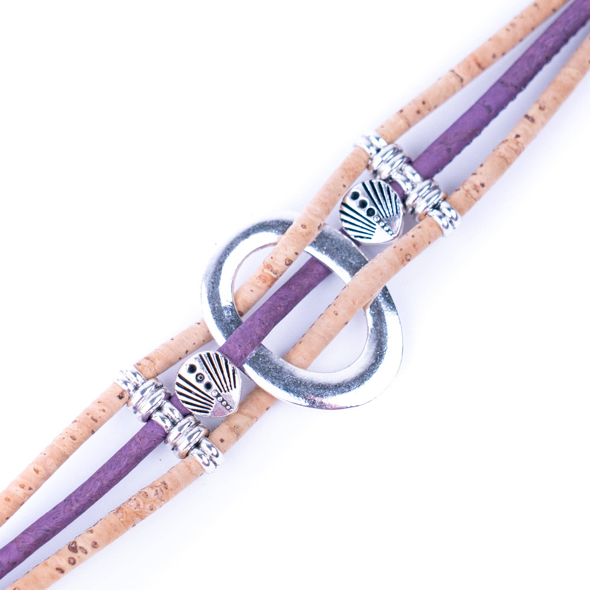 Meninas Bonitas Cork Multi-Colour Floral Handmade Bracelet 19x2.5cm – front view – purple cork variant featuring a circular silver-tone centrepiece and shell charms, image 2
