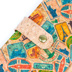 Meninas Bonitas Cork "Travel Impressions" Slim Wallet 17x9cm – zoom view – natural cork wallet with a vintage stamp pattern including the Statue of Liberty and Eiffel Tower.