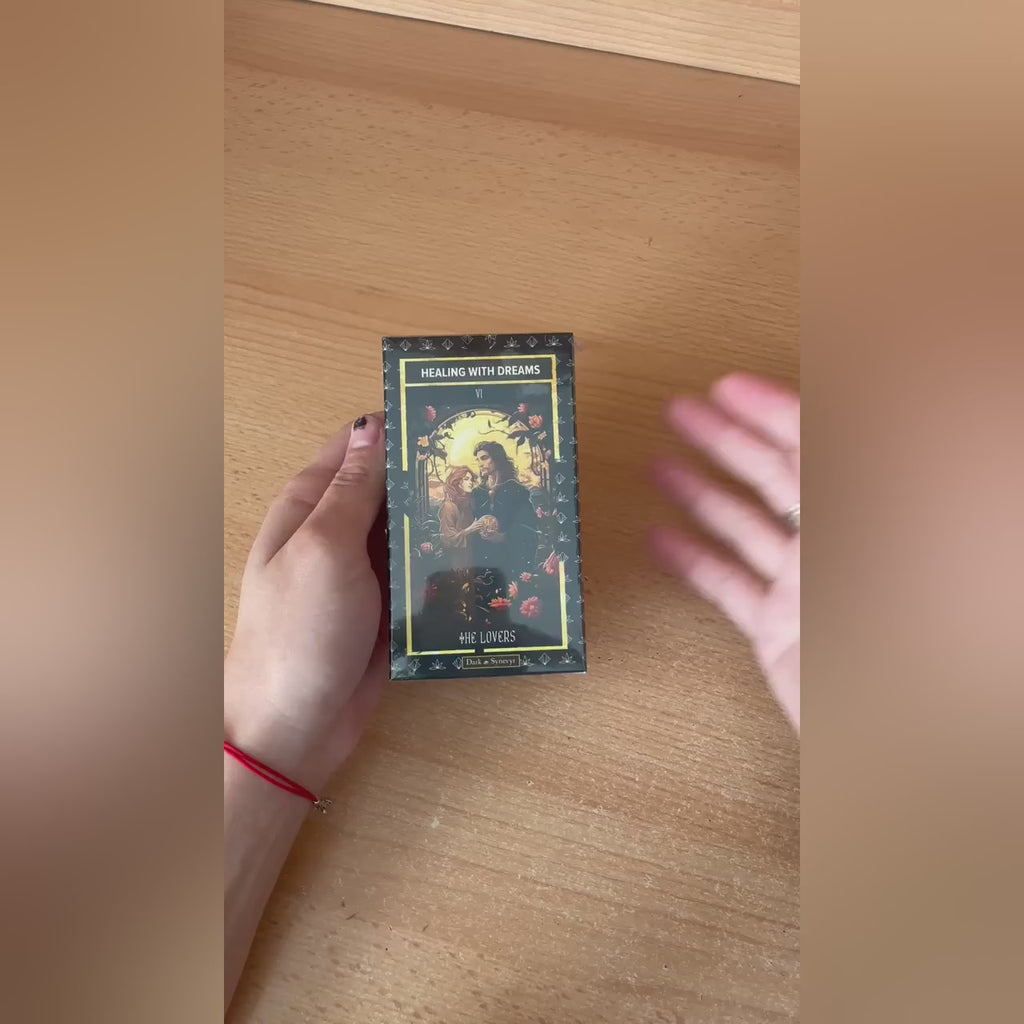Dark Synevyr Healing with Dreams Tarot Deck 80 Cards – a video showing the tarot deck and cards in hands.
