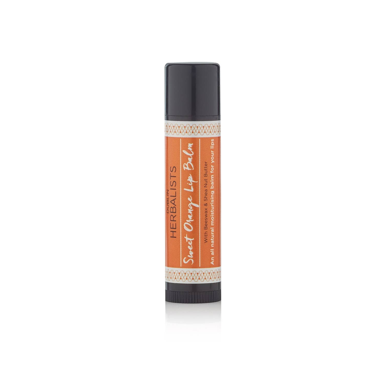 Dublin Herbalists Sweet Orange Lip Balm 5g - tube of Sweet Orange Lip Balm with orange label against a white background
