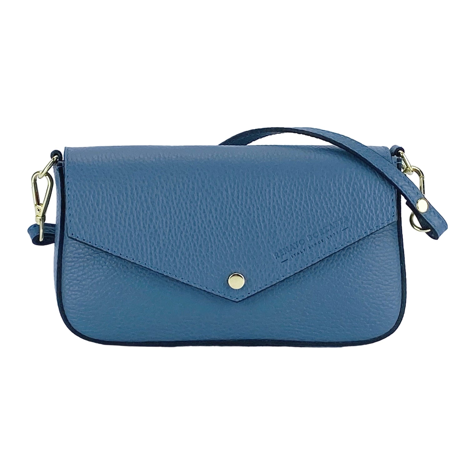 Renato Borzatta Avio Blue Leather Small Shoulder Bag 22x12x3cm – front view – blue leather bag showing magnetic flap closure.