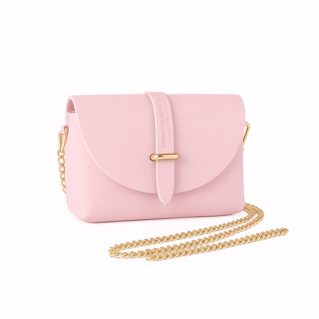 Pink Italian leather mini bag displayed with gold chain shoulder strap laid in front